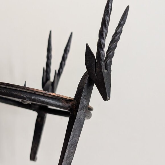 Vtg Hand Forged Wrought Iron Antelope Gazelle Heads Tripod Candle Holder - Picture 3 of 8
